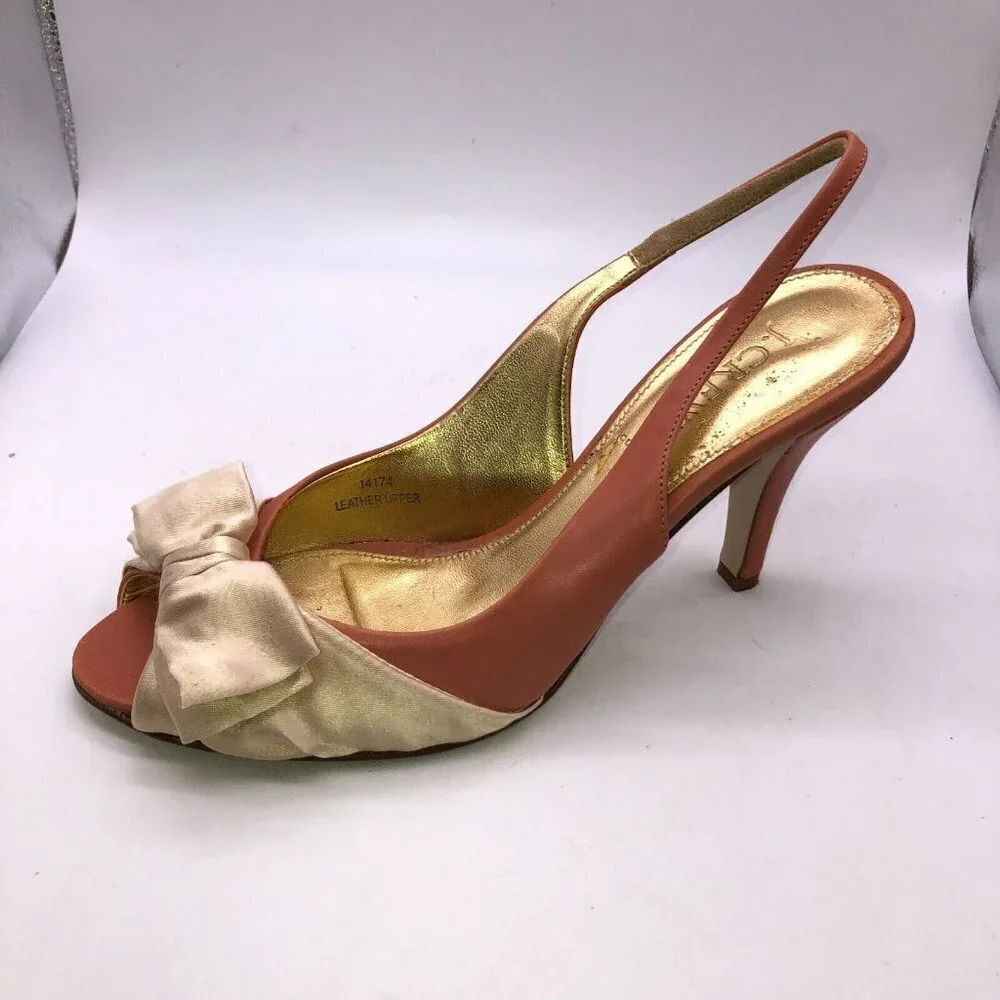 J Crew Womens Size 7 Pink Leather Bow Slip On Peep Toe Slingback Heels Shoes
